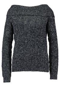 Suéter off-the-shoulder en gris oscuro con motas blancas. Patrón de punto texturizado, mangas largas y puños y cuello acanalados.