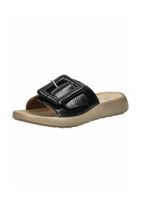 Slide sandal with a black textured upper, featuring a wide strap with a silver buckle. Closed back with a tan rubber sole.