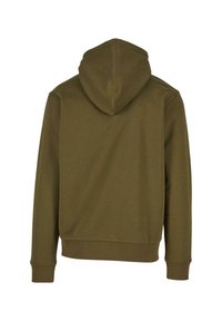 Felpa con cappuccio verde oliva con interno spazzolato, polsini e orlo a costine. Presenta una superficie liscia e un design classico.