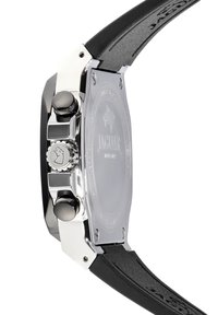 Jaguar-klocka med boett i rostfritt stål, svarta detaljer, rund krona och ett mattsvart gummirem. Graverad logotyp på baksidan av boetten.