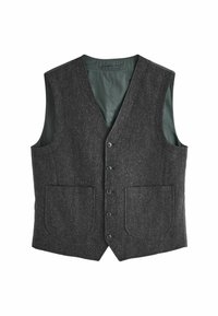 Dark grey wool vest with a v-neck design, six buttons, two front pockets, and a contrasting green inner lining. Textured fabric.