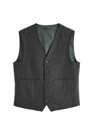 Dunkelgrau gestrickte Weste mit V-Ausschnitt, sechs Knöpfen, zwei Vordertaschen und einem kontrastierenden grünen Innenfutter. Strukturierter Stoff.