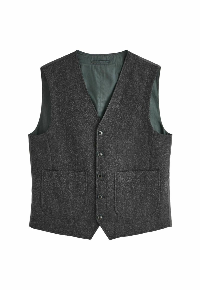 Dark grey wool vest with a v-neck design, six buttons, two front pockets, and a contrasting green inner lining. Textured fabric.