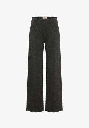 Dark gray wide-leg trousers made of soft fabric, featuring a smooth texture, elastic waistband, and two front pockets.