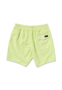 Costumi da bagno verde chiaro con vita elastica, una tasca posteriore e un'etichetta sul retro. Tessuto morbido, design casual, senza motivi.