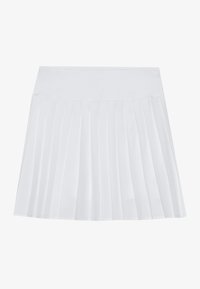 Jupe plissée blanche en tissu léger, avec une taille lisse et des plis verticaux régulièrement espacés pour ajouter de la texture.