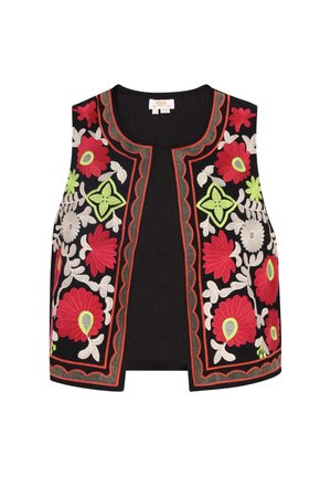 Gilet nero senza maniche con vivace ricamo floreale in rosso, bianco e verde. Collo arrotondato e dettaglio a scallop.