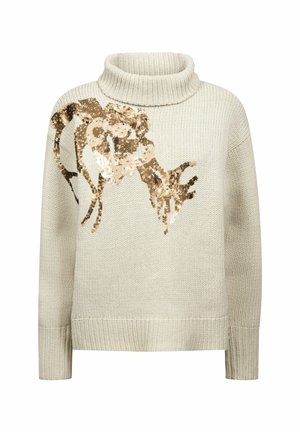 Pull col roulé en maille crème à manches longues, ornée d’un grand motif d’oiseau en sequins or et bronze sur le côté gauche devant.
