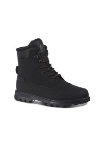 Schwarze Knöchelstiefel mit strukturiertem Obermaterial, ausgestattet mit einem Futter aus Fell, runden Schnürsenkeln und einer robusten Sohle mit ausgeprägtem Profil.