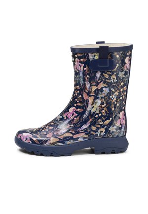 Botte de pluie en caoutchouc bleu marine avec motif floral rose, violet et beige, semelle texturée et languette de traction près du haut.