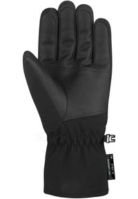 Schwarze Handschuhe mit einer Lederfläche, einem Stoffrücken und elastischem Handgelenk. Zu den Merkmalen gehören Nähte und ein wasserdichtes Etikett an der Seite.