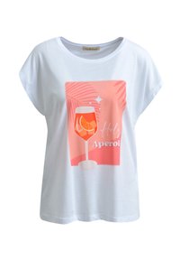 White cotton T-shirt with a relaxed fit. Features a graphic of a glass with an orange drink, text "Holy Aperol," and pink palm leaves.