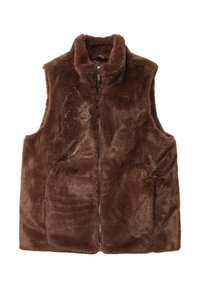 Gilet sans manches en fausse fourrure marron avec une fermeture éclair à l'avant et un col haut, présenté sur fond blanc.