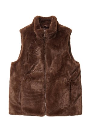 Brun ærmeløs faux fur vest med en frontlynlås og høj krave, præsenteret mod en hvid baggrund.