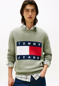 Maglione verde oliva con collo a coste, caratterizzato da un blocco logo blu navy, bianco e rosso che legge "TOMMY JEANS." Indossato sopra una camicia a scacchi.