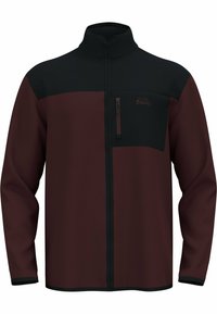 Burgundy and black fleece jacket, high collar, full zip, zippered chest pocket, textured fabric, and contrasting panel design.