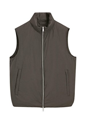Kamizelka ocieplana w ciemnoszarym kolorze z wysokim kołnierzem, z przodu zapięcie na zamek błyskawiczny oraz dwie boczne kieszenie. Lekka tkanina o gładkiej strukturze i czystym designie.
