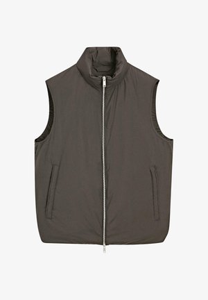 Kamizelka ocieplana w ciemnoszarym kolorze z wysokim kołnierzem, z przodu zapięcie na zamek błyskawiczny oraz dwie boczne kieszenie. Lekka tkanina o gładkiej strukturze i czystym designie.