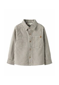 Hnědo-bílé kostkované košile z bavlny s límečkem, zapínáním na knoflíky vpředu a dvěma náprsními kapsami. Viditelná značka výrobce.