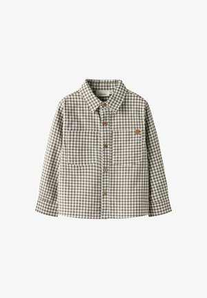 Chemise à carreaux vichy marron et blanc en coton, avec col, fermeture à boutons sur le devant et deux poches sur la poitrine. Étiquette de la marque visible.