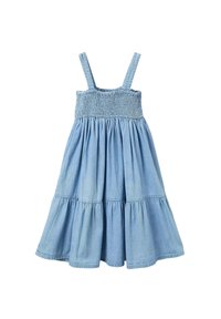 Abito di jeans azzurro chiaro con corpetto arricciato e spalline sottili. Presenta una gonna a strati e svasata per una vestibilità comoda. Tessuto morbido.