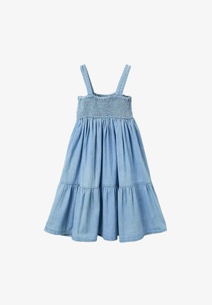 Abito di jeans azzurro chiaro con corpetto arricciato e spalline sottili. Presenta una gonna a strati e svasata per una vestibilità comoda. Tessuto morbido.