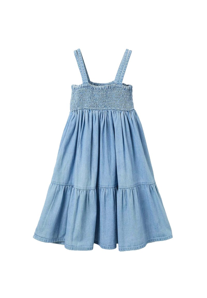 Abito di jeans azzurro chiaro con corpetto arricciato e spalline sottili. Presenta una gonna a strati e svasata per una vestibilità comoda. Tessuto morbido.