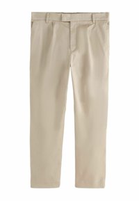 Beige Baumwoll-Chinos mit flachem Vorderteil, Gürtelschlaufen und Seitentaschen. Der Stoff hat eine glatte Textur und ein gerades Bein-Design.