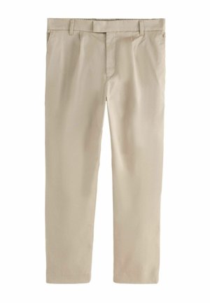 Beige Baumwoll-Chinos mit flachem Vorderteil, Gürtelschlaufen und Seitentaschen. Der Stoff hat eine glatte Textur und ein gerades Bein-Design.