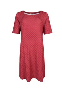 Rote Kleid mit kurzen Ärmeln, Rundhalsausschnitt und einem wirbelnden Muster in kontrastierenden Farben. Aus weichem Stoff gefertigt, knielang und mit einer lockeren Passform.