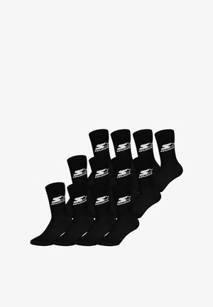 Black crew socks featuring a ribbed design and white "Starter" logo on the cuff. Pack includes multiple pairs. Soft material, uniform shape.