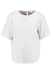 Biała bluzka z krótkimi rękawami, z wzorem w kratkę w odcieniach szarości. Okrągły dekolt z otworem na plecach. Gładka faktura.
