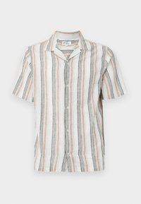 Short-sleeve button-up shirt in lightweight fabric, featuring vertical stripes in shades of cream, gray, and soft pink.