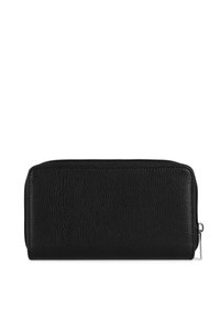 Portefeuille en cuir noir avec une finition texture, de forme rectangulaire et à fermeture éclair. Dispose d'un design minimaliste et d'un matériel en métal argenté.