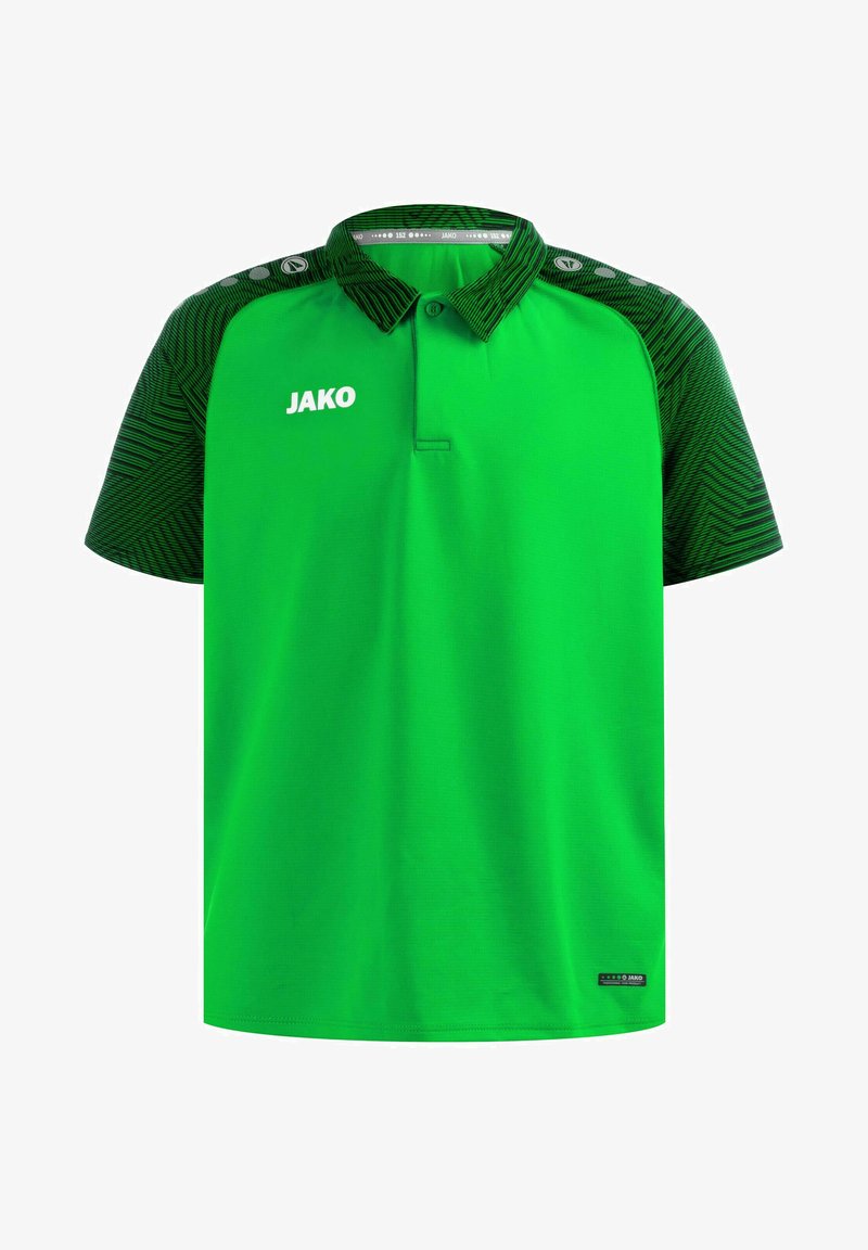 T-shirt polo vert à manches courtes. Présente un devant vert uni et des manches à motifs noir et vert. Comprend un col et un logo sur la poitrine.