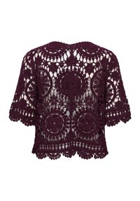 Haut court à manches courtes en dentelle crochetée violet profond avec des motifs circulaires et floraux, des bords festonnés et un design semi-transparent.