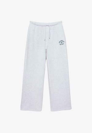 Pantaloni sportivi grigi chiari realizzati in un tessuto morbido, con un design a gamba larga, vita elastica e un logo stampato nella parte anteriore.