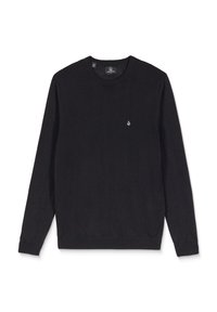 Pull noir à manches longues avec col rond, poignets et ourlet côtelés, avec un petit logo Volcom sur la poitrine gauche.