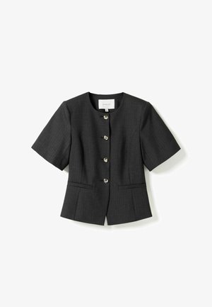 Dark gray short-sleeve tailored blazer with round neckline and four shiny buttons down the front on a white background.