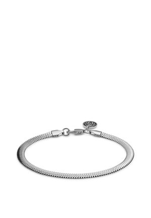 Silver bracelet with a sleek, interlocking design, featuring a lobster clasp and a circular logo charm, reflecting light across its smooth surface.