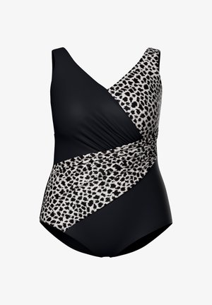 Einteiliger Badeanzug mit schwarzem Obermaterial und einem Leopardenmuster an der Seite, mit Wickeleffekt und glattem, dehnbarem Stoff.