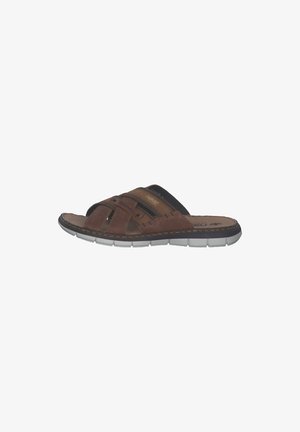 Brown leather slide sandal with cross-strap design, textured upper, and white rubber sole with grooves for traction.