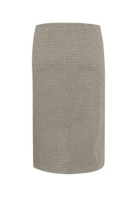 Jupe crayon longueur genou avec petit motif pied-de-poule en tons marron et beige, taille ajustée et détail de couture verticale.