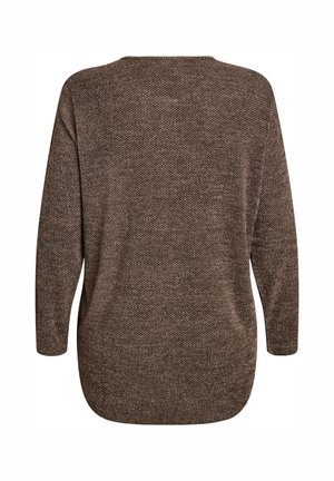 Rjav, teksturiran pulover z ohlapnim krojem, dolgimi rokavi in zaobljenim robom. Ima subtilen pleten vzorec skozi celotno tkanino.