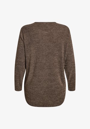 Rjav, teksturiran pulover z ohlapnim krojem, dolgimi rokavi in zaobljenim robom. Ima subtilen pleten vzorec skozi celotno tkanino.