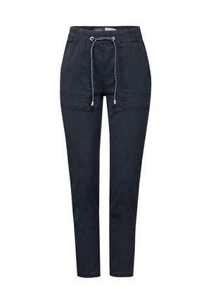 Marineblauwe joggingsbroek met een elastische tailleband, trekkoorddetail, twee zijzakken en taps toelopende pijpen. Gemaakt van een zachte, duurzame stof.