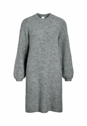 Abito grigio lavorato a maglia con maniche lunghe e voluminose e scollatura rotonda. Morbido al tatto e di vestibilità morbida, che scende sopra il ginocchio.