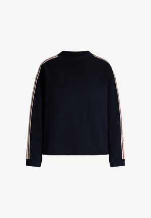 Navy sweatshirt with a high neckline, long sleeves, and three vertical stripes in cream and red along each sleeve. Soft fabric texture.