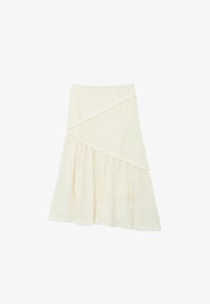 Witte gelaagde rok van textuurstof, met een wikkelontwerp en eenAsymmetrische zoom. Zacht, geweven materiaal met subtiele dimensie.