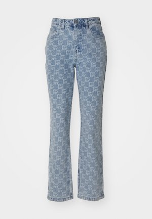 Light blue denim jeans with a flared leg design, featuring an all-over pattern of a logo, and standard waistband with a button closure.